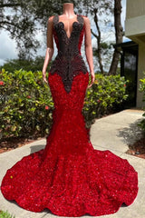Red Sleeveless Mermaid Prom Dress with Scoop Neck Sequins and Beadings-Dbrbridal
