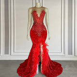 Red Sleeveless Sequins Mermaid Prom Dress with Front Slit Beadings and Feathers-Dbrbridal