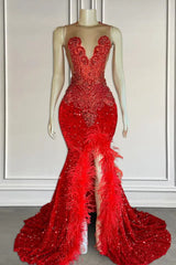 Red Sleeveless Sequins Mermaid Prom Dress with Front Slit Beadings and Feathers-Dbrbridal