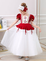 Red Square Neck Short Sleeves Ankle-Length Princess Tulle Flowers Kids Party Dresses-Dbrbridal