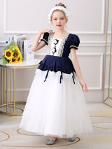 Red Square Neck Short Sleeves Ankle-Length Princess Tulle Flowers Kids Party Dresses-Dbrbridal