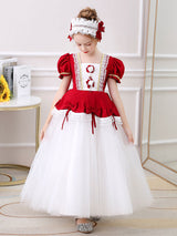 Red Square Neck Short Sleeves Ankle-Length Princess Tulle Flowers Kids Party Dresses-Dbrbridal