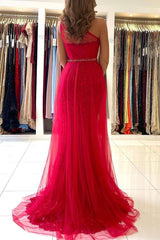 Red Tulle Prom Dress Long Mermaid Appliques Evening Gown With SPlit One Shoulder-Dbrbridal