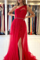 Red Tulle Prom Dress Long Mermaid Appliques Evening Gown With SPlit One Shoulder-Dbrbridal