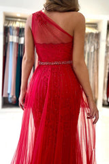 Red Tulle Prom Dress Long Mermaid Appliques Evening Gown With SPlit One Shoulder-Dbrbridal