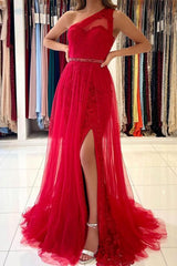 Red Tulle Prom Dress Long Mermaid Appliques Evening Gown With SPlit One Shoulder-Dbrbridal