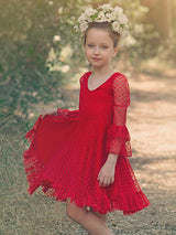 Red V-Neck Long Sleeves Lace Polyester Formal Kids Pageant flower girl dresses-Dbrbridal