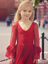Red V-Neck Long Sleeves Lace Polyester Formal Kids Pageant flower girl dresses-Dbrbridal