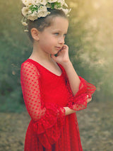 Red V-Neck Long Sleeves Lace Polyester Formal Kids Pageant flower girl dresses-Dbrbridal