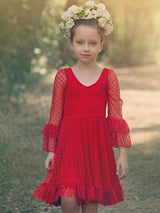 Red V-Neck Long Sleeves Lace Polyester Formal Kids Pageant flower girl dresses-Dbrbridal