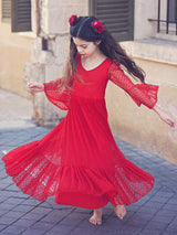 Red V-Neck Polyester Long Sleeves Ankle-Length A-Line Lace Formal Kids Pageant flower girl dresses-Dbrbridal