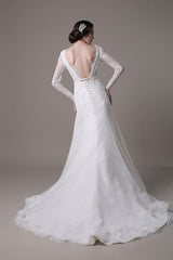 Retro Lace Wedding Dress A-Line With Long Sleeves Pearls Applique And Chapel Train-Dbrbridal