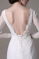 Retro Lace Wedding Dress A-Line With Long Sleeves Pearls Applique And Chapel Train-Dbrbridal