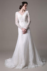 Retro Lace Wedding Dress A-Line With Long Sleeves Pearls Applique And Chapel Train-Dbrbridal
