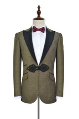 Retro Small Checked Prom Suits Knitted Button Black Peak Lapel Wedding Suits for Men-Dbrbridal