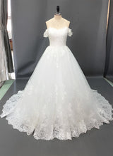 Retro style Ball-Gown Wedding Dresses Off-The-Shoulder Short Sleeves Tulle Lace Court Train-Dbrbridal