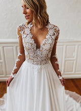 Retro style Chiffon Lace Wedding Dresses Chic A-line V-neck Long Sleeves-Dbrbridal