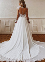 Retro style Chiffon Lace Wedding Dresses Chic A-line V-neck Long Sleeves-Dbrbridal