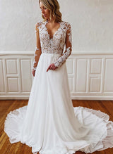 Retro style Chiffon Lace Wedding Dresses Chic A-line V-neck Long Sleeves-Dbrbridal