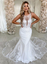 Retro style Lace Tulle Wedding Dress Backless Scoop Neck Mermaid Fitted Silhouette-Dbrbridal