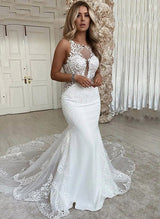 Retro style Lace Tulle Wedding Dress Backless Scoop Neck Mermaid Fitted Silhouette-Dbrbridal