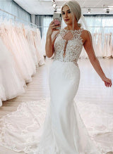 Retro style Lace Tulle Wedding Dress Backless Scoop Neck Mermaid Fitted Silhouette-Dbrbridal