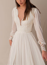 Retro style Lace Tulle Wedding Dress Chic A-line V-Neck Long Sleeves Split Front-Dbrbridal