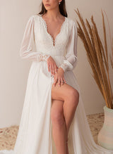 Retro style Lace Tulle Wedding Dress Chic A-line V-Neck Long Sleeves Split Front-Dbrbridal