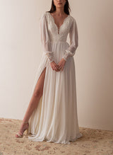 Retro style Lace Tulle Wedding Dress Chic A-line V-Neck Long Sleeves Split Front-Dbrbridal