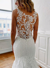 Retro style Lace Tulle Wedding Dresses Illusion Neck Mermaid Fitted Silhouette-Dbrbridal