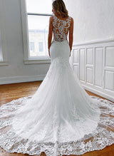 Retro style Lace Tulle Wedding Dresses Illusion Neck Mermaid Fitted Silhouette-Dbrbridal