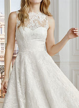Retro style Lace Wedding Dress Chic A-line Illusion Neck Sleeveless Tea-Length-Dbrbridal