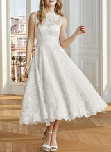 Retro style Lace Wedding Dress Chic A-line Illusion Neck Sleeveless Tea-Length-Dbrbridal