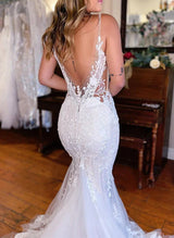 Retro style Tulle Wedding Dresses Appliques Lace Mermaid Fitted V-Neck-Dbrbridal