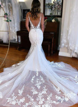 Retro style Tulle Wedding Dresses Appliques Lace Mermaid Fitted V-Neck-Dbrbridal