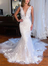 Retro style Tulle Wedding Dresses Appliques Lace Mermaid Fitted V-Neck-Dbrbridal