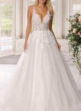 Retro style V-neck Sexy Open Back Lace Tulle Ball-Gown Wedding Dresses-Dbrbridal