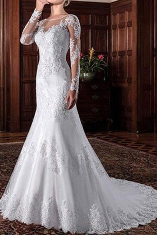 Retro wedding bridal dress Column illusion neck long sleeve lace applique wedding dresses with train Dbrbridal Retro wedding bridal dress Column illusion neck long sleeve lace applique wedding dresses with train Dbrbridal