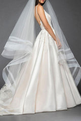 Retro Wedding Dress Chic V-Neck Sleeveless A-line Lace Satin Bridal Gowns With Train-Dbrbridal