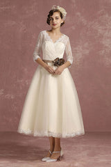 Retro Wedding Dress Short Lace Tulle Bridal Dress Half Sleeve Chic V-Neck Sexy Backless A-line Flower Sash Tea Length Bridal Gown Exclusive-Dbrbridal