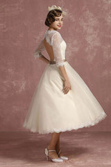 Retro Wedding Dress Short Lace Tulle Bridal Dress Half Sleeve Chic V-Neck Sexy Backless A-line Flower Sash Tea Length Bridal Gown Exclusive-Dbrbridal