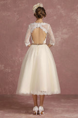 Retro Wedding Dress Short Lace Tulle Bridal Dress Half Sleeve Chic V-Neck Sexy Backless A-line Flower Sash Tea Length Bridal Gown Exclusive-Dbrbridal