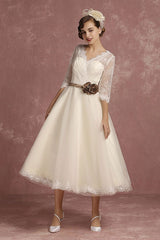 Retro Wedding Dress Short Lace Tulle Bridal Dress Half Sleeve Chic V-Neck Sexy Backless A-line Flower Sash Tea Length Bridal Gown Exclusive-Dbrbridal