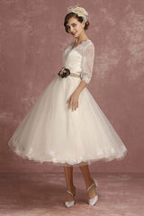 Retro Wedding Dress Short Lace Tulle Bridal Dress Half Sleeve Chic V-Neck Sexy Backless A-line Flower Sash Tea Length Bridal Gown Exclusive-Dbrbridal