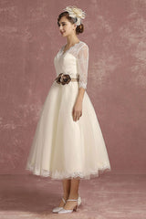 Retro Wedding Dress Short Lace Tulle Bridal Dress Half Sleeve Chic V-Neck Sexy Backless A-line Flower Sash Tea Length Bridal Gown Exclusive-Dbrbridal