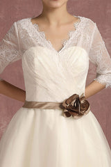 Retro Wedding Dress Short Lace Tulle Bridal Dress Half Sleeve Chic V-Neck Sexy Backless A-line Flower Sash Tea Length Bridal Gown Exclusive-Dbrbridal