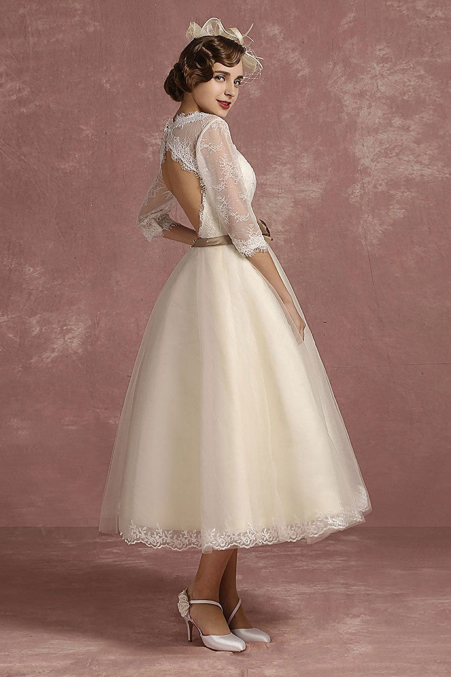 Retro Wedding Dress Short Lace Tulle Bridal Dress Half Sleeve V-Neck Backless A-line Flower Sash Tea Length Bridal Gown Dbrbridal Retro Wedding Dress Short Lace Tulle Bridal Dress Half Sleeve V-Neck Backless A-line Flower Sash Tea Length Bridal Gown Dbrbridal