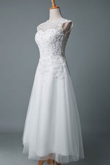 Retro Wedding Dress Tea Length Jewel Neck Sleeveless A-line Tulle Short Bridal Dress Exclusive-Dbrbridal
