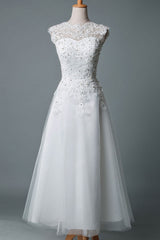 Retro Wedding Dress Tea Length Jewel Neck Sleeveless A-line Tulle Short Bridal Dress Exclusive-Dbrbridal