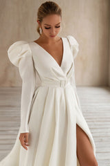 Retro Wedding Dress White Bridal Gowns Long Sleeves Wedding Dress Chic V-Neck A-line With Train Bridal Gowns-Dbrbridal